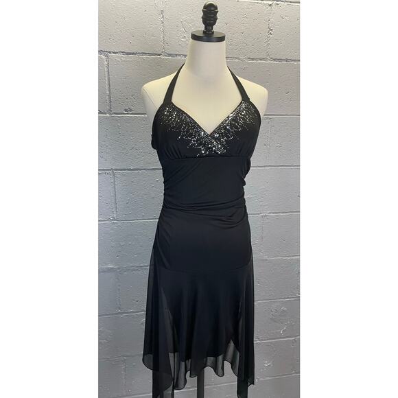 Vintage 90s Black Mesh Halter Dress Handkerchief Hem Sequined LG City Triangles - Picture 6 of 9